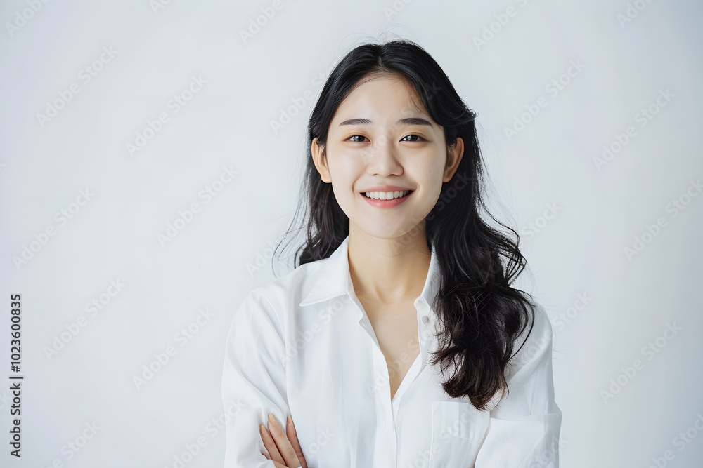 Oriental woman smiling on white background