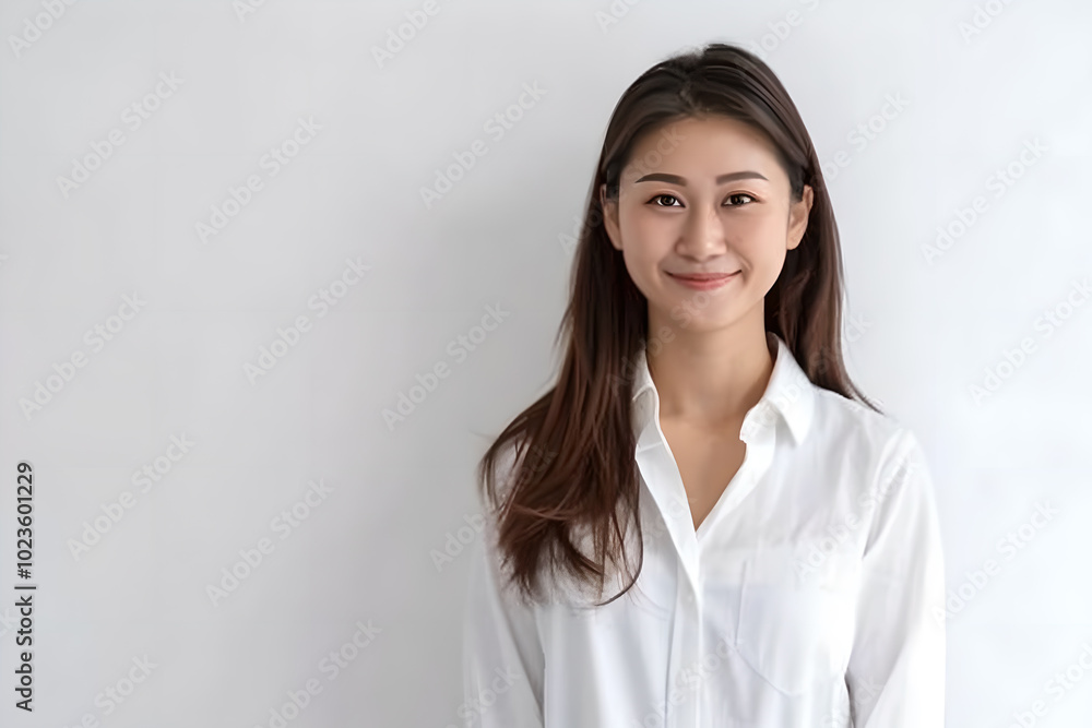 Oriental woman smiling on white background