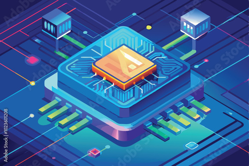 brightly glowing ai chip on light circuit board on vector illustration file.