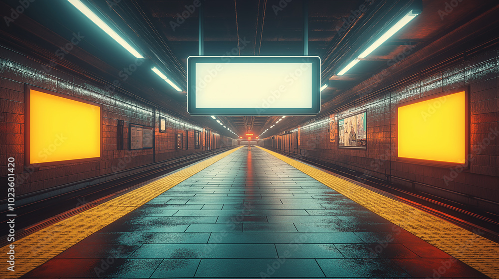 A blank white billboard stands on an empty subway platform at night. A blank white billboard stands on an empty subway platform at night.