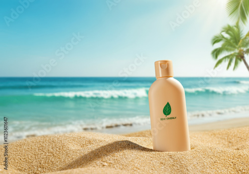 Eco friendly sunscreen bottle standing on a tropical beach with a palm tree and turquoise water