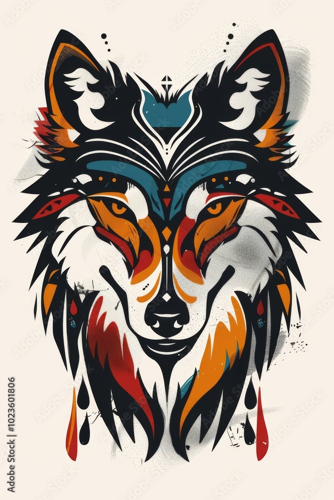 Fototapeta premium Minimalist wolf head with bright tribal designs.