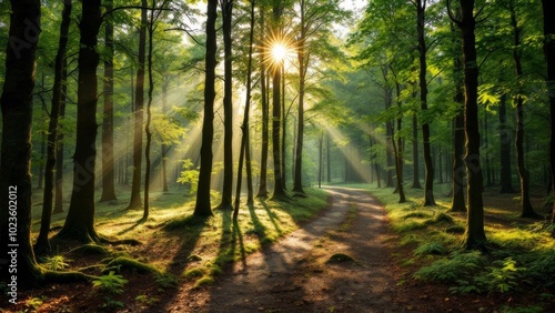 Sunbeams through forest trees along a dirt path 