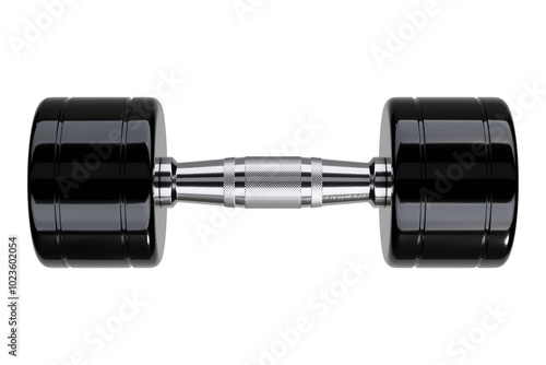 Blank Round Dumbbell, chrome weightlifting gym equipment side view. Png clipart isolated on transparent background