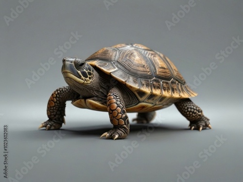 Shy small turtle on white background, side view. AI generated.