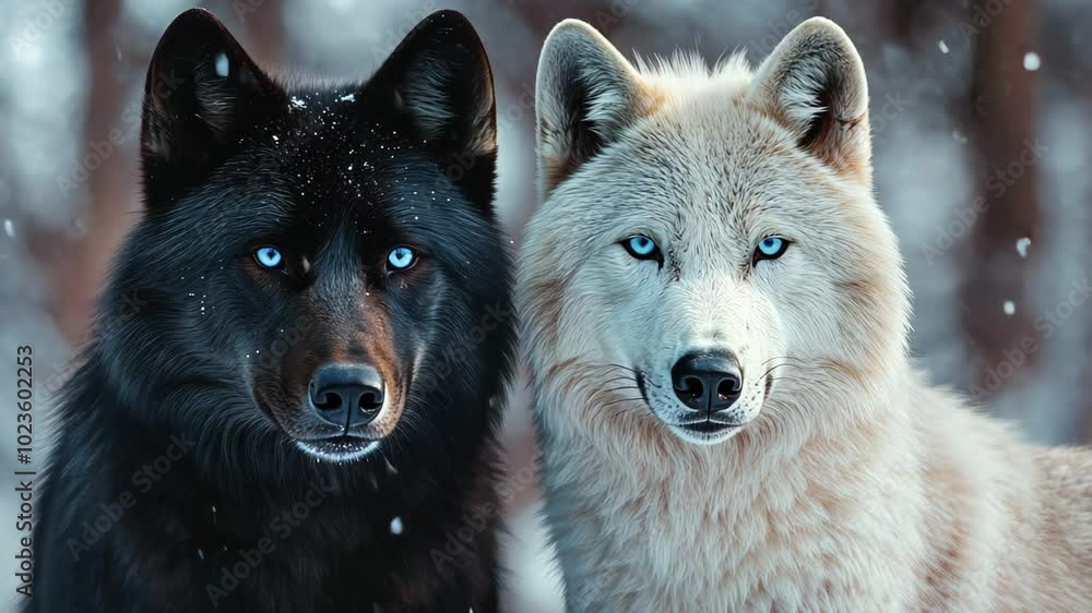 Two majestic stunning wolves, one black and one white, exhibit a close bond while surrounded by winter snow