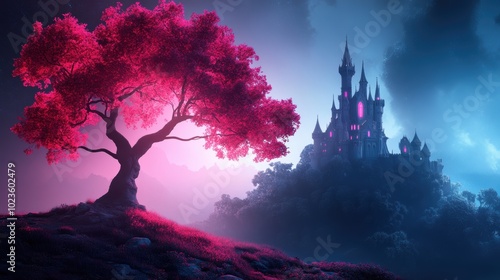 A fantastical landscape where castles and towers are lit with neon light, creating a scene of magic and enchantment.