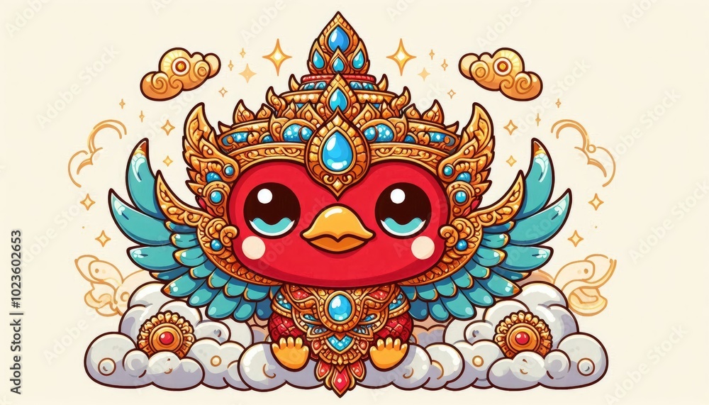 A cute cartoon image of an ancient Thai Garuda with a bright red face, detailed curves and beak, wearing an intricately decorated golden headdress. The Garuda's armor has sparkling blue, orange and li A cute cartoon image of an ancient Thai Garuda with a bright red face, detailed curves and beak, wearing an intricately decorated golden headdress. The Garuda's armor has sparkling blue, orange and li