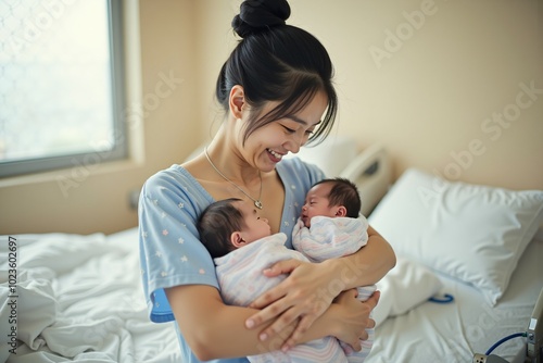 Exhausted Asian mother holding newborn twins in hospital room