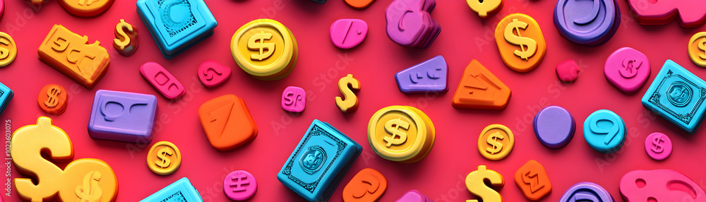 Vibrant Cartoon Seamless Tile Design with Floating Dollar Signs & Promotional Icons for Financial Marketing Vibrant Cartoon Seamless Tile Design with Floating Dollar Signs & Promotional Icons for Financial Marketing