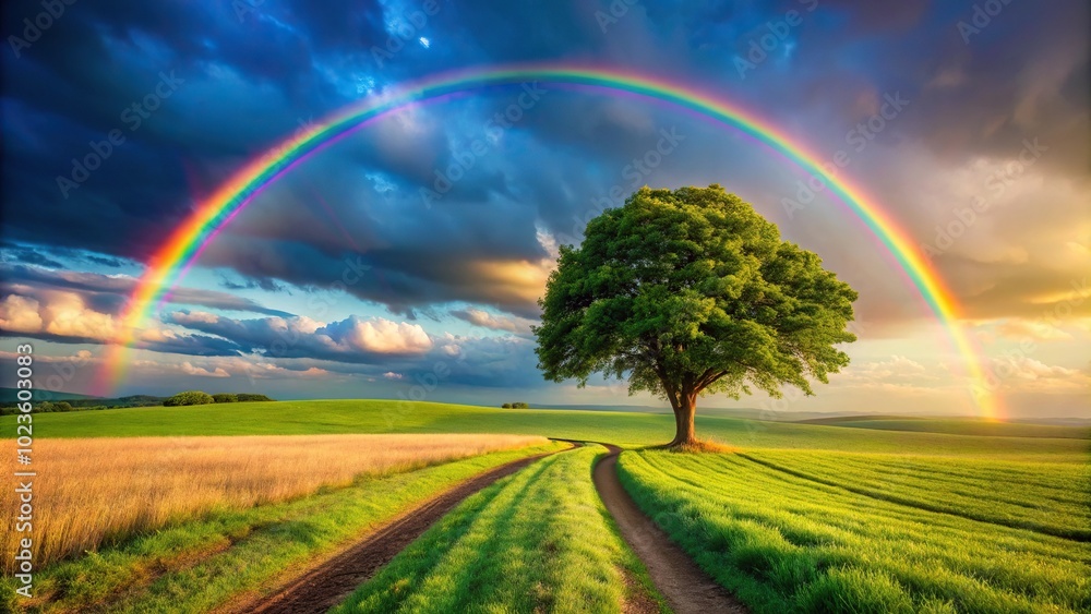Naklejka premium landscape with rainbow illuminating countryside tree