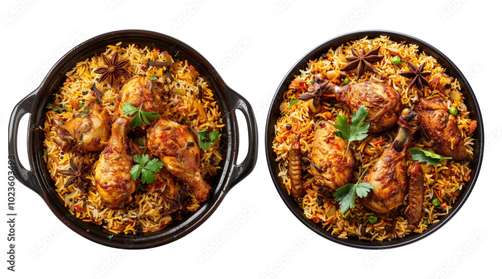 Biryani rice with chicken and spice isolated on transparent background