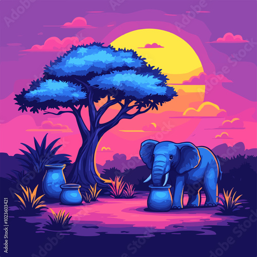 A colorful illustration of an African elephant standing next to an acacia tree at sunset, interacting with traditional clay pots. 