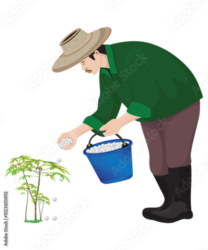 agriculturist filling fertilizer into Cassava plant on white background vector design