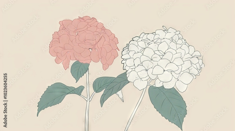 hydrangea on light backdrop. Abstract line drawing of plants in pastel colors, minimalist style. Wallpaper with leaves and flowers. Background with copy space. Floral Art for Contemporary Spaces hydrangea on light backdrop. Abstract line drawing of plants in pastel colors, minimalist style. Wallpaper with leaves and flowers. Background with copy space. Floral Art for Contemporary Spaces