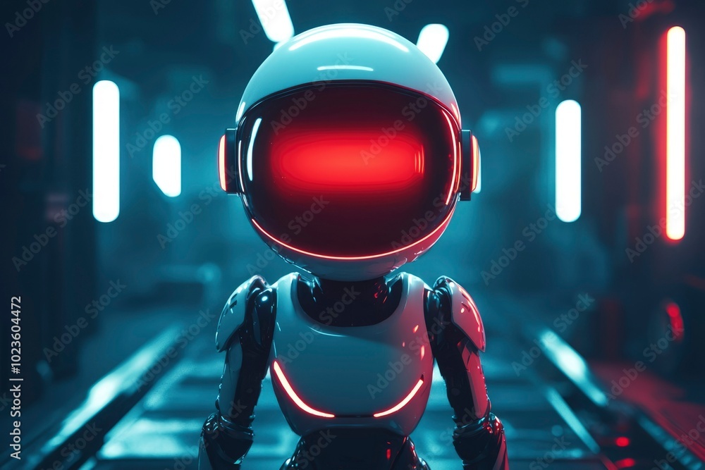 Futuristic Robot with Red Glowing Visor and Neon Lights Futuristic Robot with Red Glowing Visor and Neon Lights