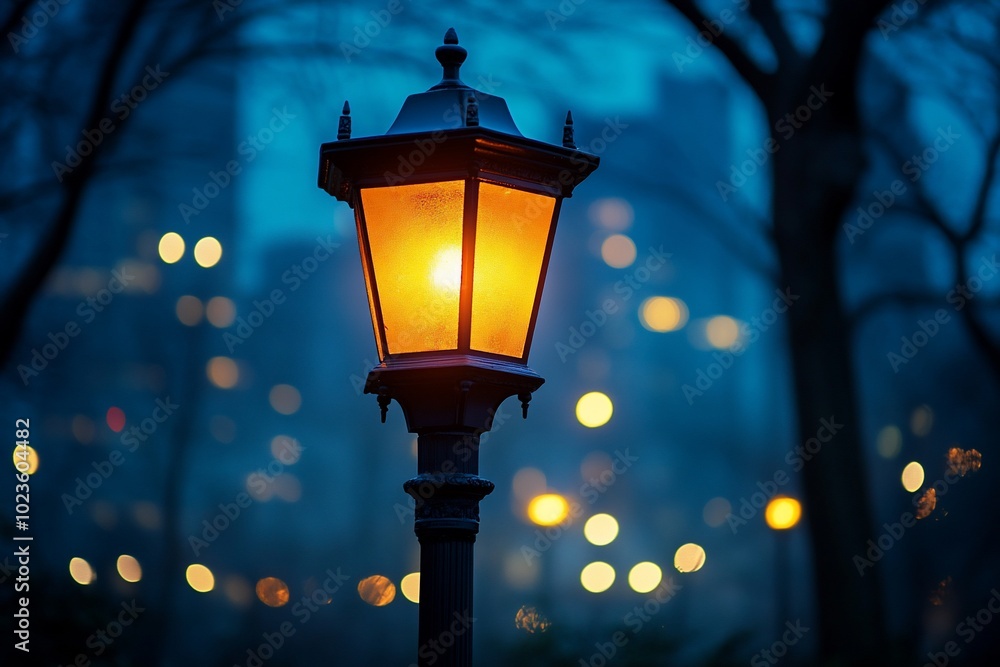 A single street lamp glows brightly in the twilight, with blurry lights from other lamps in the background. A single street lamp glows brightly in the twilight, with blurry lights from other lamps in the background.