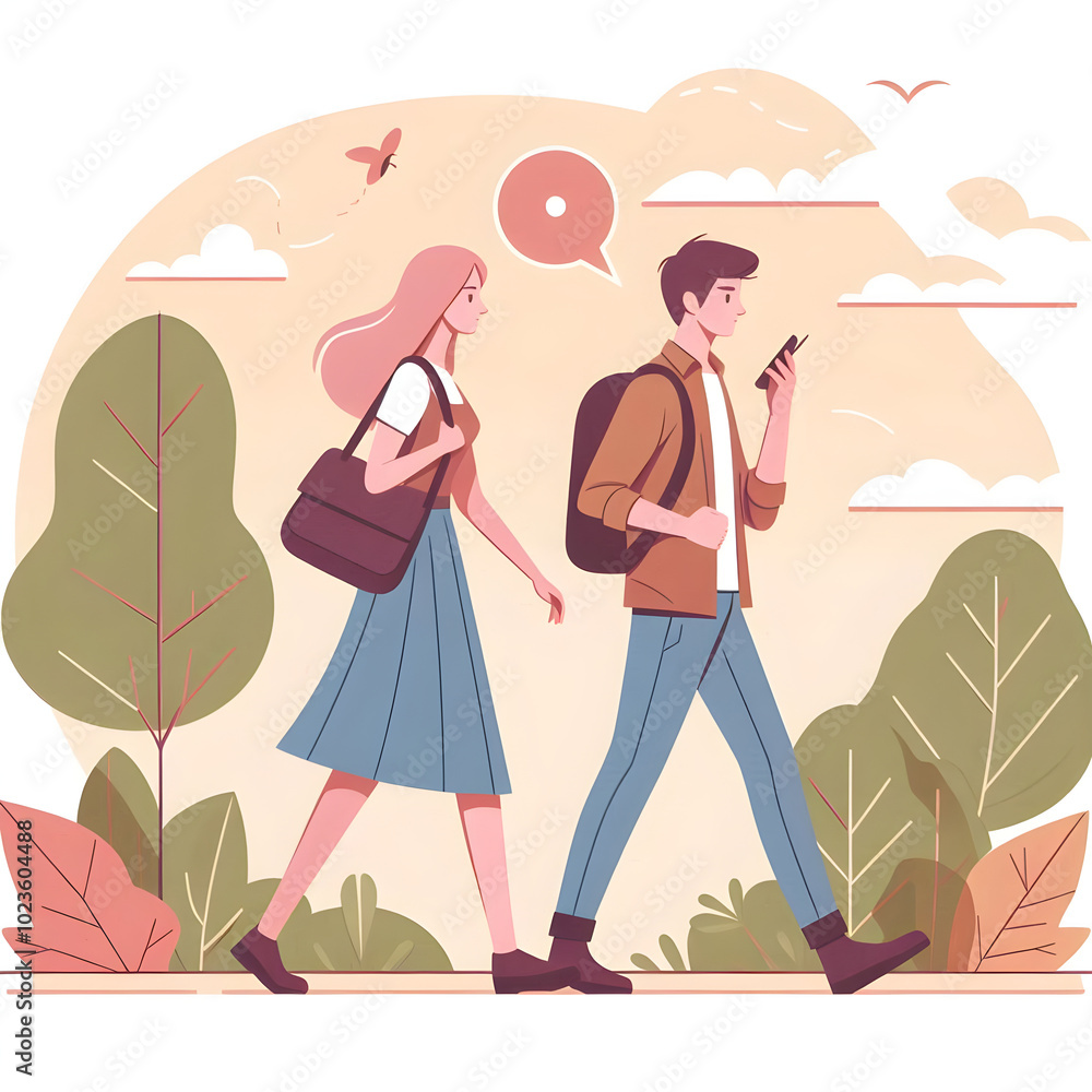 Young students walking outdoors while boy is busy on his phone ignoring his girlfriend Young students walking outdoors while boy is busy on his phone ignoring his girlfriend