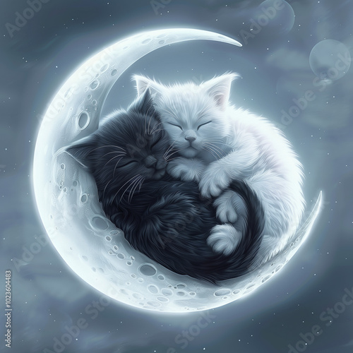 A black and white cat sleeping on top of the moon.