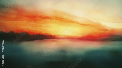 A serene sunset over a calm water body, blending warm hues and soft silhouettes.