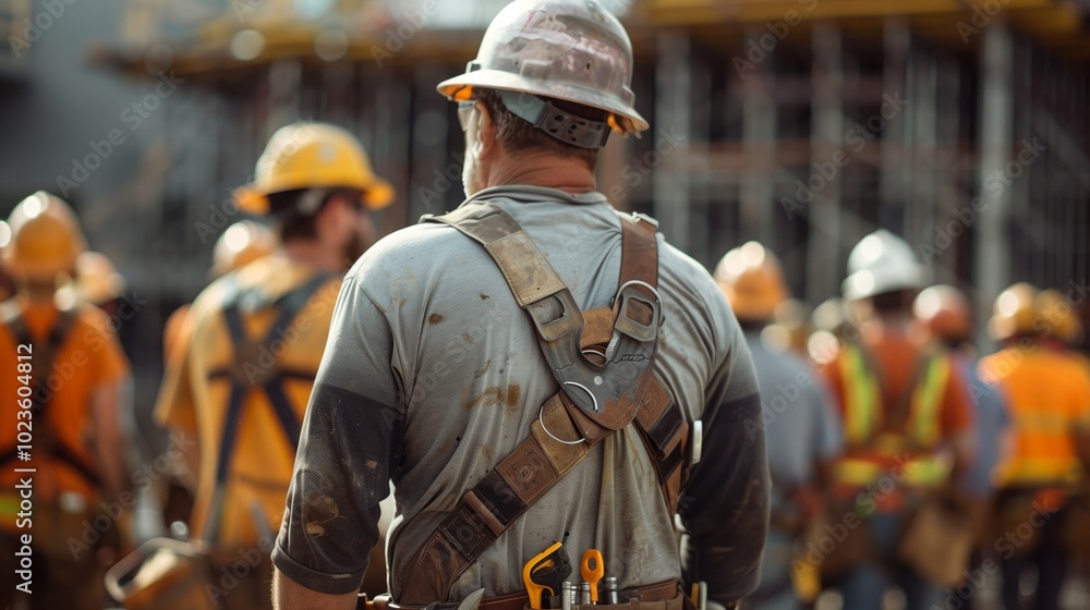 Fototapeta premium A construction worker in orange safety vest and helmet standing on a construction site. He is wearing a tool belt with various tools hanging from it