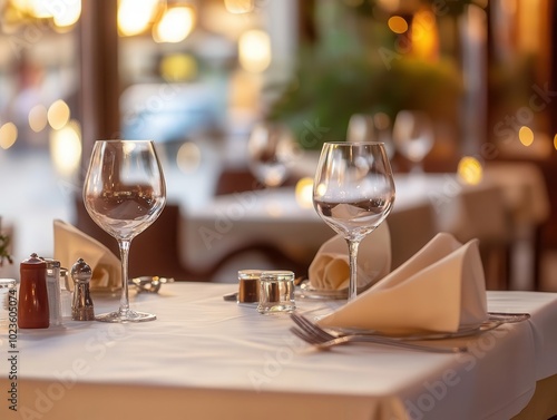 an elegant luxury restaurant is beautifully set for dining, with exquisite tables ready, soft lighting creating a warm ambiance, perfect for an upscale dining experience