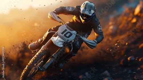 A motocross rider speeds through a dirt track, kicking up dust in a dynamic sunset scene.