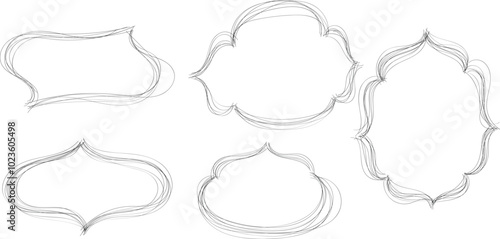 Hand drawn doodle frames. Set of outline banners in pencil style. Complex shape. Oriental windows, mosque dome and lanterns. Deliberately careless asymmetrical contour.