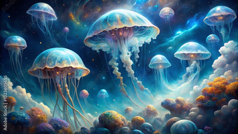 fantastical jellyfish-like creatures drifting through a powder blue and light gray nebula fantastical jellyfish-like creatures drifting through a powder blue and light gray nebula