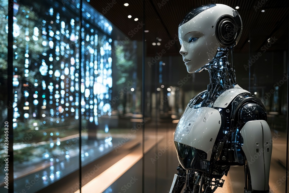 A humanoid robot with a white head and black body, standing behind glass with a blurred city lights background. A humanoid robot with a white head and black body, standing behind glass with a blurred city lights background.