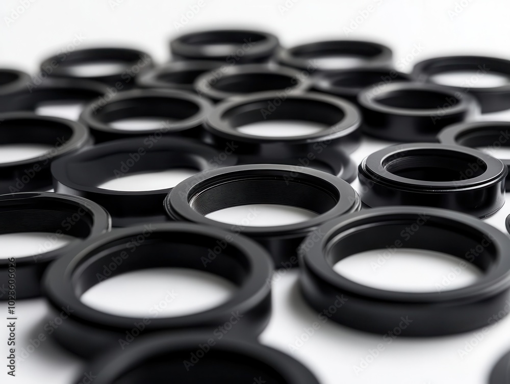 array of meticulously arranged automotive gaskets, showcasing their precision and uniformity against a stark white background, emphasizing quality in engineering and the importance of sealing elements array of meticulously arranged automotive gaskets, showcasing their precision and uniformity against a stark white background, emphasizing quality in engineering and the importance of sealing elements