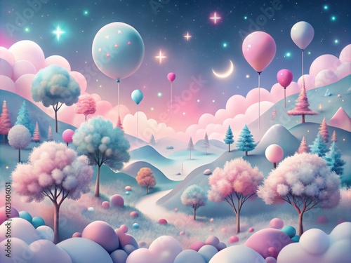 14. Romantic, dreamy Soft Pink and Cool Gray digital landscape, with vibrant, stylized shapes and whimsical clouds photo