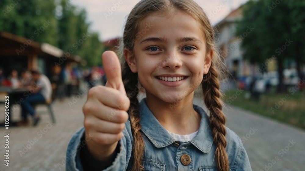 A young europan girl shows a thumbs up gesture. A young europan girl shows a thumbs up gesture.