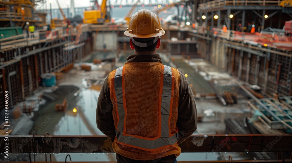 Fototapeta premium A construction worker in orange safety vest and helmet standing on a construction site. He is wearing a tool belt with various tools hanging from it