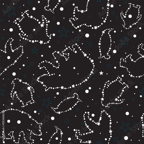 Seamless celestial winter animal pattern. Repeating vector print with white stars, polar bears and penguins in a black starry night sky background. Apparel textile print.