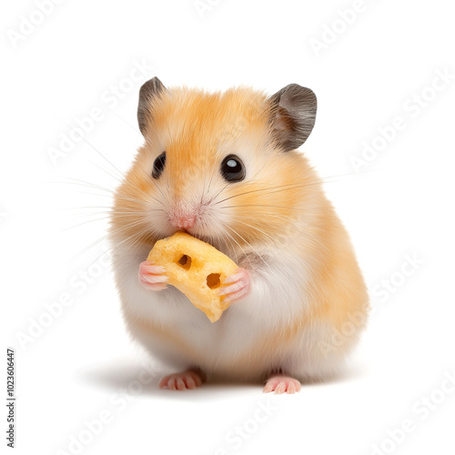 A cute hamster with soft fur holds a small piece of food in its tiny paws, sitting isolated on white background.