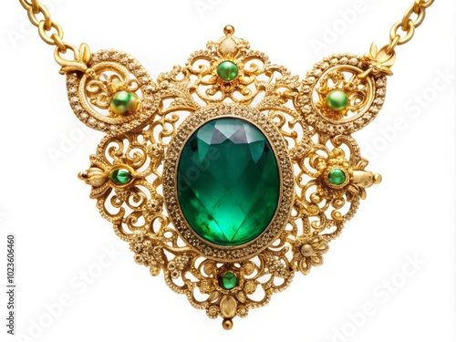 Description: A stunning gold necklace features a bold, emerald green gemstone surrounded by intricate filigree details, showcasing the decadence of luxury and sophistication. photo