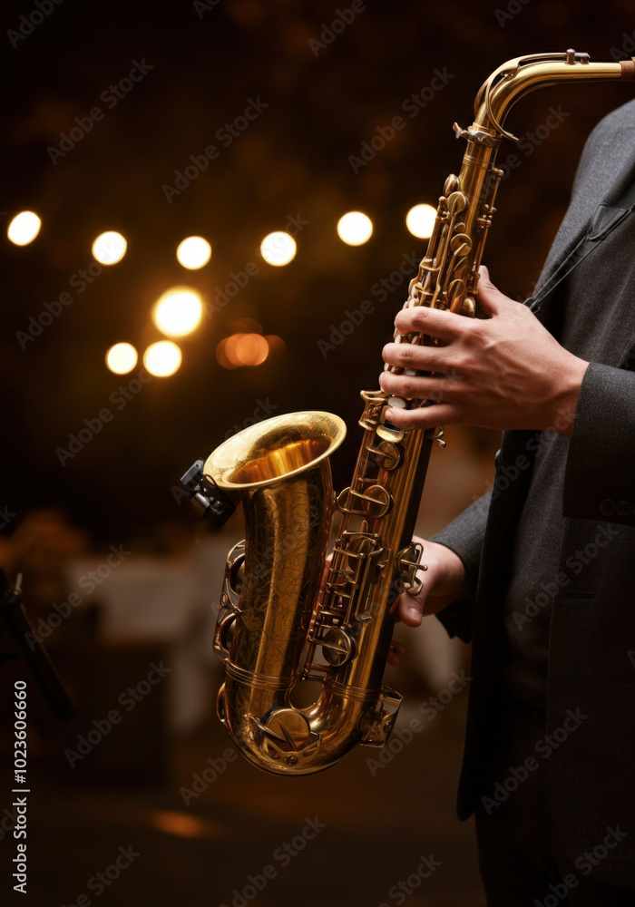 Obraz premium Musician is playing a saxophone on a stage with bokeh lights in the background