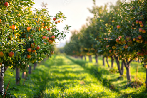 A row of apple trees with many apples on them