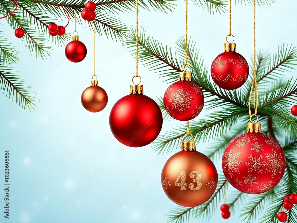 Christmas baubles hanging from decorated pine branches Christmas baubles hanging from decorated pine branches