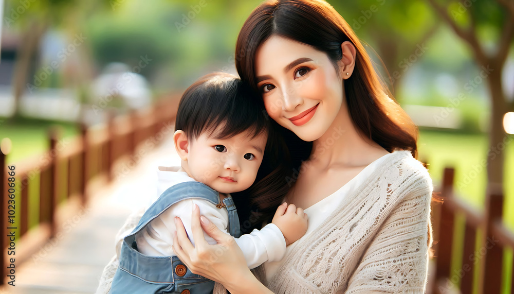 A joyful mother and her child enjoy a sunny day at the park, sharing smiles and laughter together A joyful mother and her child enjoy a sunny day at the park, sharing smiles and laughter together