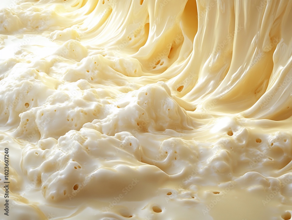 Close-up of creamy, flowing substance with air bubbles. Close-up of creamy, flowing substance with air bubbles.