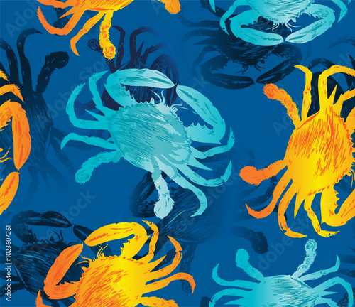 Seamless multi colored textured crab pattern on a blue background. Large vector print.