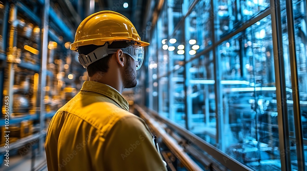 Engineer Overlooking Reactor Core: Shot from behind the engineer, dressed in protective gear, facing the glowing blue reactor core through a reinforced glass window. Engineer Overlooking Reactor Core: Shot from behind the engineer, dressed in protective gear, facing the glowing blue reactor core through a reinforced glass window.