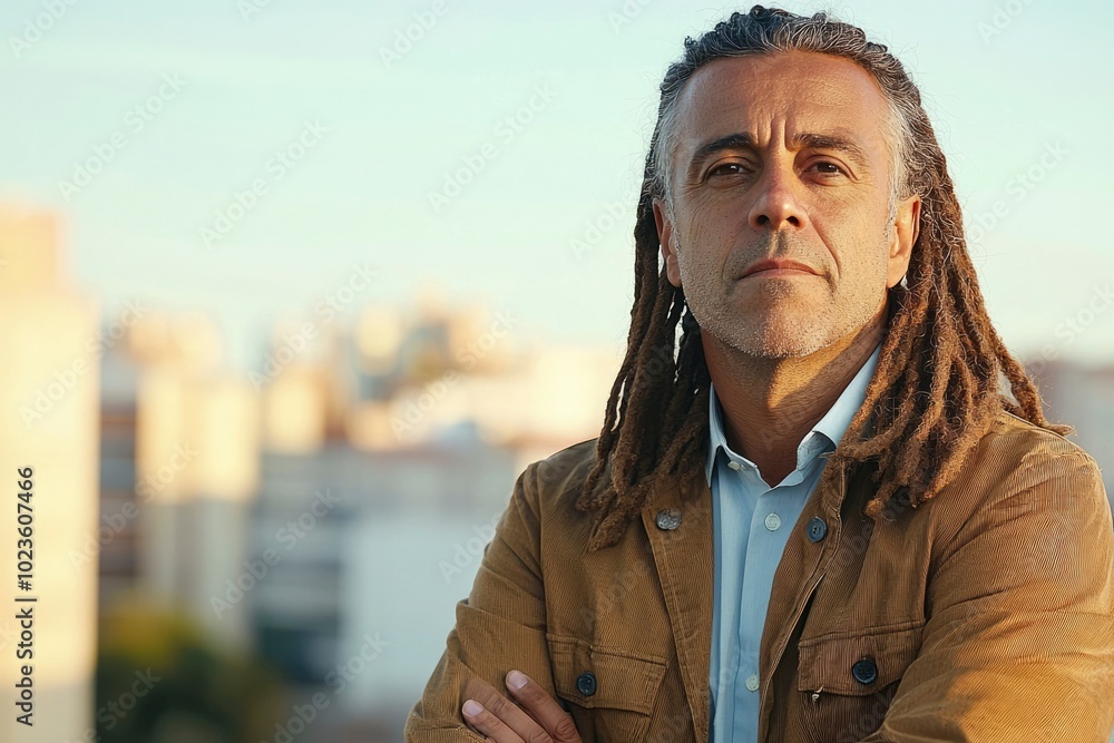 A Man with Dreadlocks Wearing a Brown Jacket and a Blue Shirt A Man with Dreadlocks Wearing a Brown Jacket and a Blue Shirt