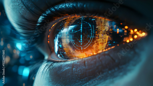 3D Macro Shot of AI Enhanced Bionic Eye with Glowing Data Overlay - Close-Up View of Precision in Medical Technology and AI Innovations