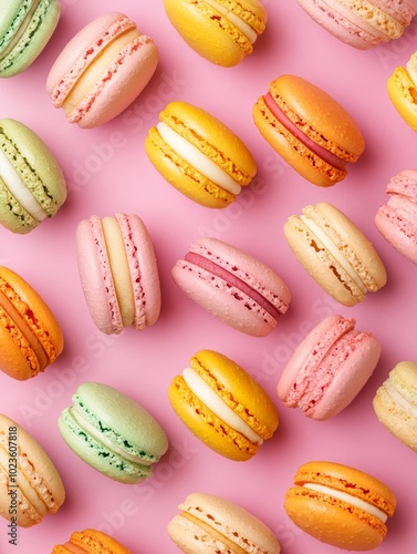 Wallpaper Mural Colorful assortment of macarons on a pink background, showcasing various flavors and textures. Torontodigital.ca