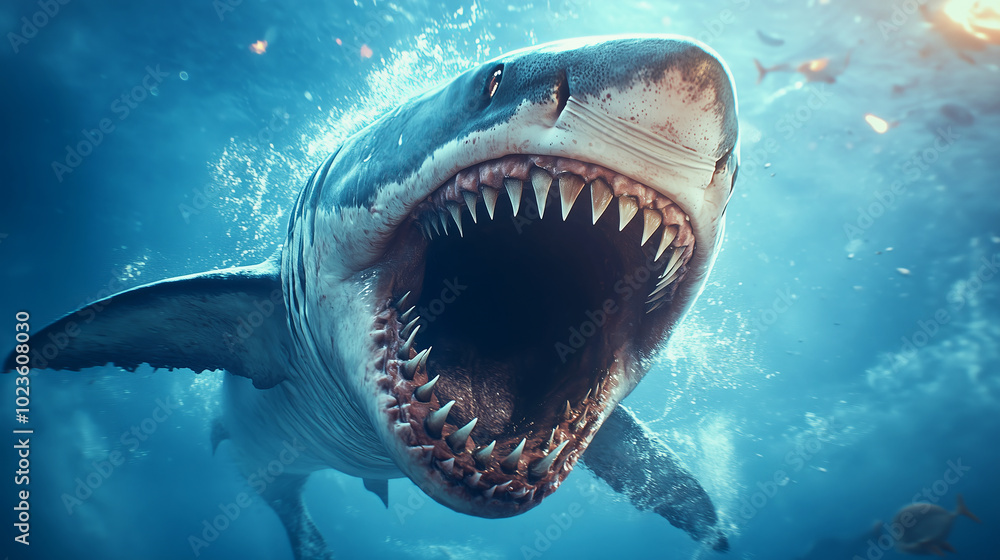 Fototapeta premium Majestic great white shark showcasing powerful jaws underwater