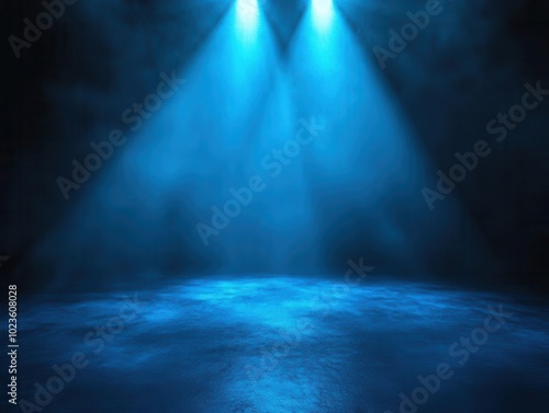 Wallpaper Mural blue spotlights illuminate the stage floor in a dark room, creating a dramatic backdrop suitable for performances, presentations, or artistic displays Torontodigital.ca