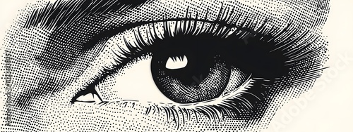 A close-up of an eye, with a halftone pattern on a white background, art style, vintage